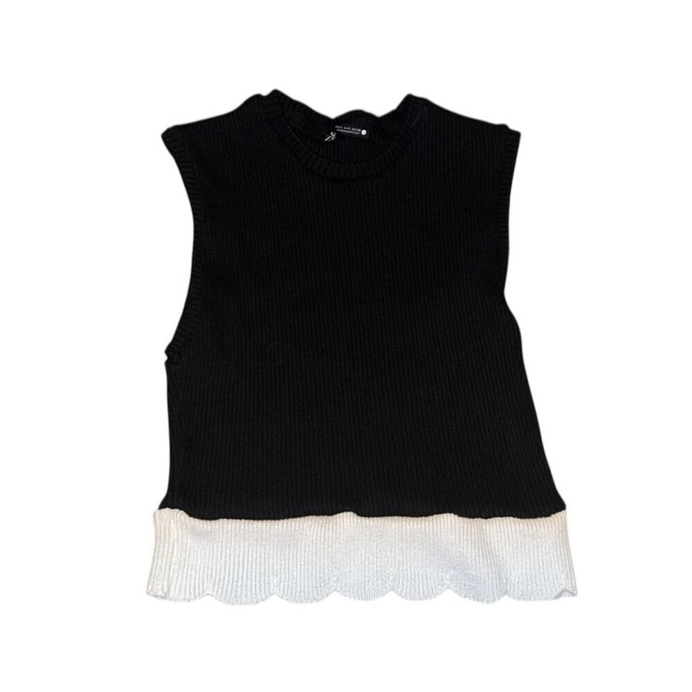 Zara Cropped Black Tank Top with White Scalloped Hem